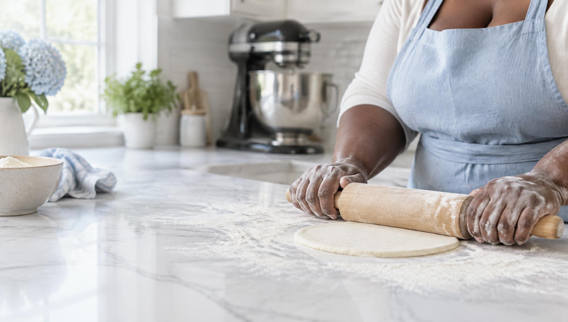 Hands rolling dough in a bright kitchen